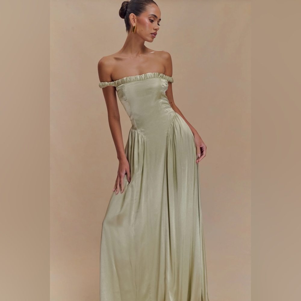 Meshki Coco Dress: Off-Shoulder Sage Green Evening Gown
